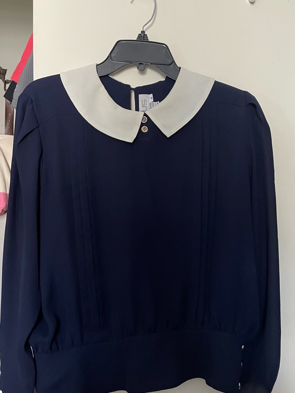 Vintage Navy Long-Sleeve Blouse with White Peter Pan Collar